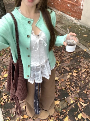 Real photo of Mint green retro curly knitted cardigan sweater jacket autumn style lace suspender strap
