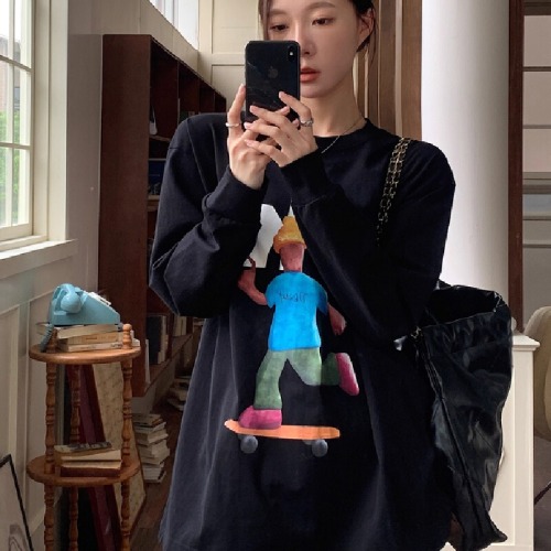 Korean Foreign Trade: 21-Count Pure Cotton - 210g 100% Cotton Autumn Long-Sleeve T-Shirt for Women, Loose-Fit Top with Printed Design