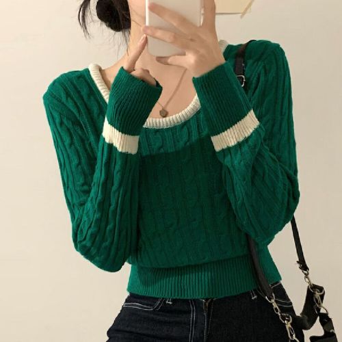 Color-blocked crew neck long-sleeved lace-up front sweater, Japanese-style short-sleeved lace-up sweater, ribbed turtleneck Christmas sweater