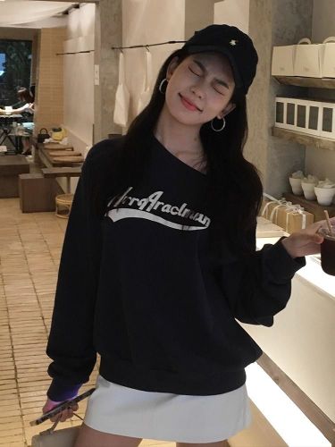 Official image imitating cotton and artificial cotton composite - thin 310g, lined 400g, oblique collar one-shoulder shoulder-revealing printed women's hoodie