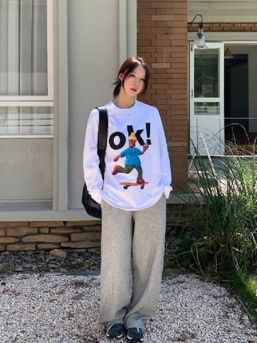 Korean Foreign Trade: 21-Count Pure Cotton - 210g 100% Cotton Autumn Long-Sleeve T-Shirt for Women, Loose-Fit Top with Printed Design