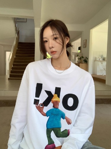 Korean Foreign Trade: 21-Count Pure Cotton - 210g 100% Cotton Autumn Long-Sleeve T-Shirt for Women, Loose-Fit Top with Printed Design