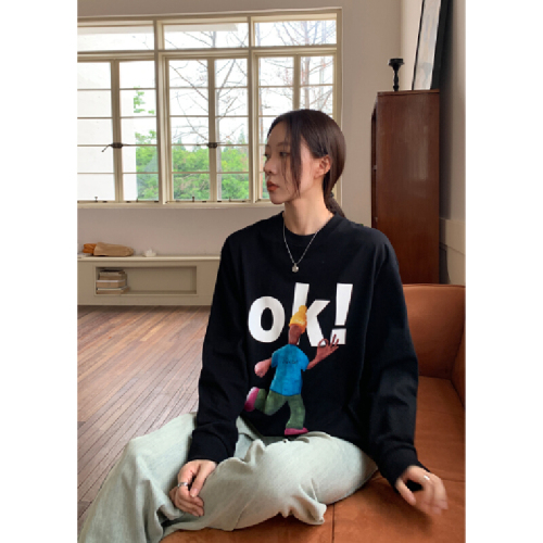 Korean Foreign Trade: 21-Count Pure Cotton - 210g 100% Cotton Autumn Long-Sleeve T-Shirt for Women, Loose-Fit Top with Printed Design