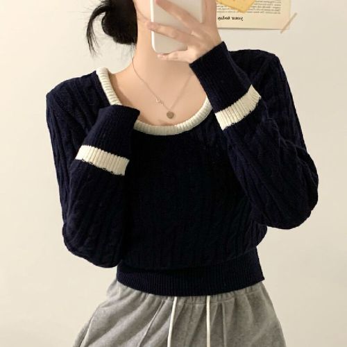 Color-blocked crew neck long-sleeved lace-up front sweater, Japanese-style short-sleeved lace-up sweater, ribbed turtleneck Christmas sweater