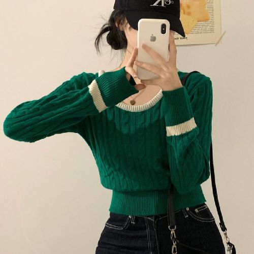 Color-blocked crew neck long-sleeved lace-up front sweater, Japanese-style short-sleeved lace-up sweater, ribbed turtleneck Christmas sweater