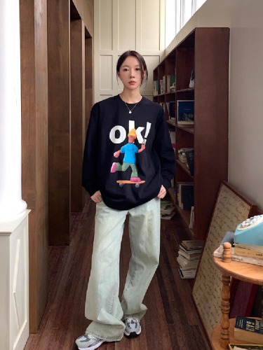 Korean Foreign Trade: 21-Count Pure Cotton - 210g 100% Cotton Autumn Long-Sleeve T-Shirt for Women, Loose-Fit Top with Printed Design