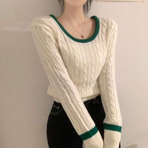 Color-blocked crew neck long-sleeved lace-up front sweater, Japanese-style short-sleeved lace-up sweater, ribbed turtleneck Christmas sweater