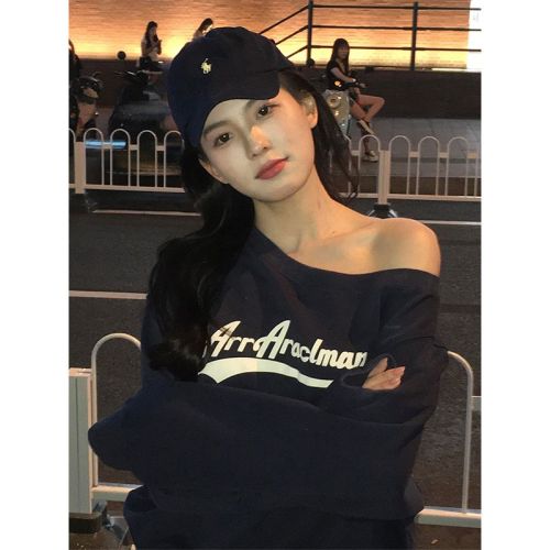 Official image imitating cotton and artificial cotton composite - thin 310g, lined 400g, oblique collar one-shoulder shoulder-revealing printed women's hoodie