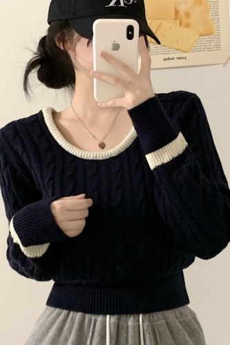 Color-blocked crew neck long-sleeved lace-up front sweater, Japanese-style short-sleeved lace-up sweater, ribbed turtleneck Christmas sweater