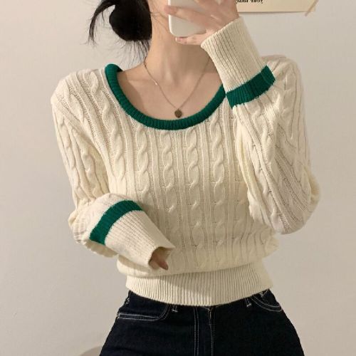 Color-blocked crew neck long-sleeved lace-up front sweater, Japanese-style short-sleeved lace-up sweater, ribbed turtleneck Christmas sweater