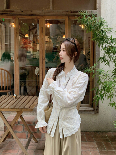 Shooting! Autumn Korean-style brocade POLO collar women's temperament irregular tie waist slimming top