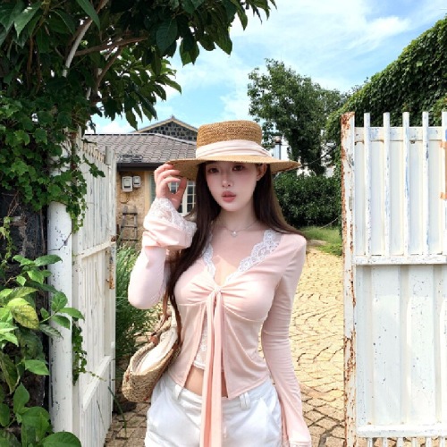 260g Rayon Lace-Panel Long-Sleeve T-Shirt for Women: Early Autumn, Slimming, and Perfect as a Layering Base Top