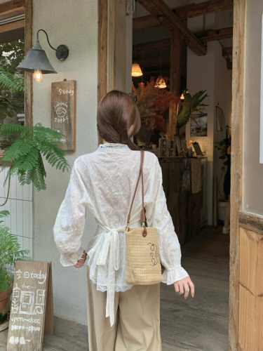 Shooting! Autumn Korean-style brocade POLO collar women's temperament irregular tie waist slimming top