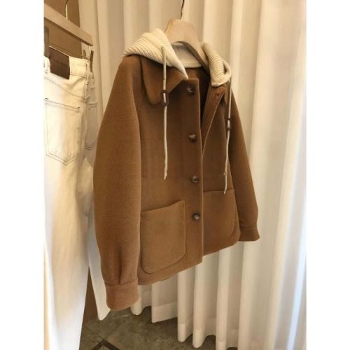 Larger size women's knit hooded two-piece jacket top for plus-size mm, new fashion winter and autumn cashmere style women's open jacket