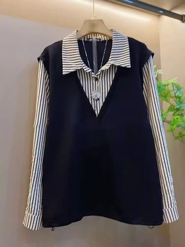 Original Work Korean Collar Splicing Striped Pseudo-Bi-Sleeve Blouse for Women Autumn Fat MM Long-Sleeve Top
