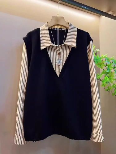 Original Work Korean Collar Splicing Striped Pseudo-Bi-Sleeve Blouse for Women Autumn Fat MM Long-Sleeve Top