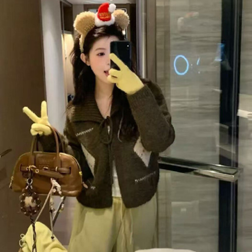 Korean-Style High-End V-Neck Gingham Belted Cardigan Women's Autumn/Winter Loose Casual Outerwear Knit Top