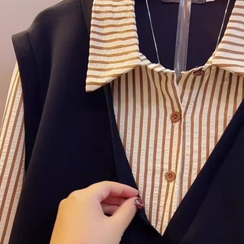 Original Work Korean Collar Splicing Striped Pseudo-Bi-Sleeve Blouse for Women Autumn Fat MM Long-Sleeve Top