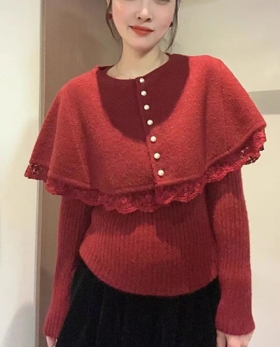 French-style Retro Sweet Lace-Trimmed Patchwork Cape Shawl Knitted Base Layer Sweater Two-Piece Set for Women—Autumn & Winter