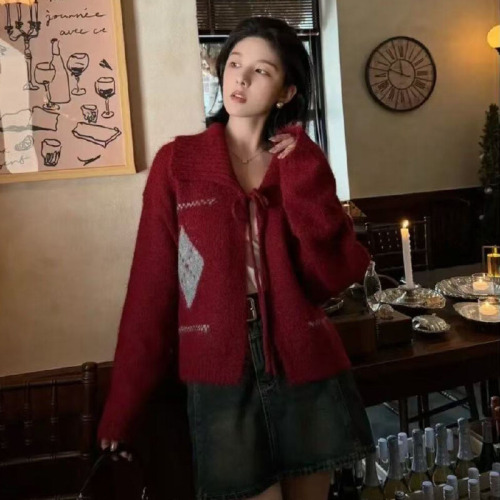 Korean-Style High-End V-Neck Gingham Belted Cardigan Women's Autumn/Winter Loose Casual Outerwear Knit Top