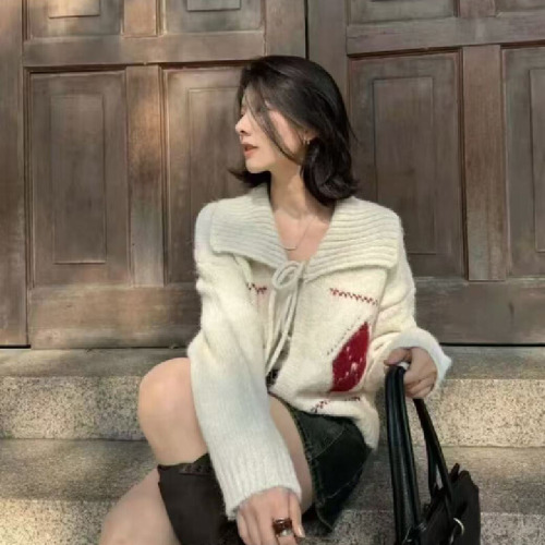 Korean-Style High-End V-Neck Gingham Belted Cardigan Women's Autumn/Winter Loose Casual Outerwear Knit Top