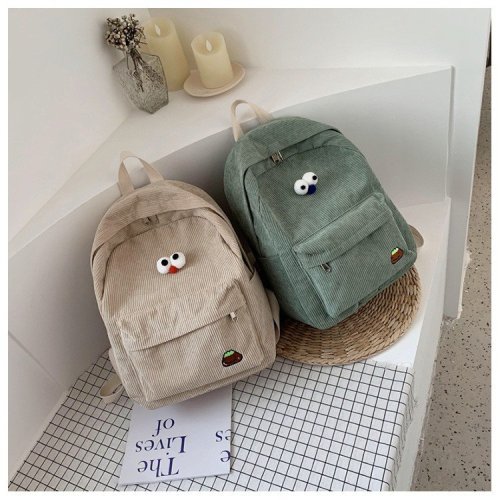 Corduroy backpack for women trendy and versatile Korean version cute fresh campus backpack ins style school bag