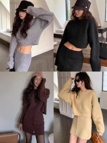 Women's Two-Piece Set: Korean Dongdaemun Autumn/Winter Short-Sleeve Thick Knit Cardigan and Pencil Skirt