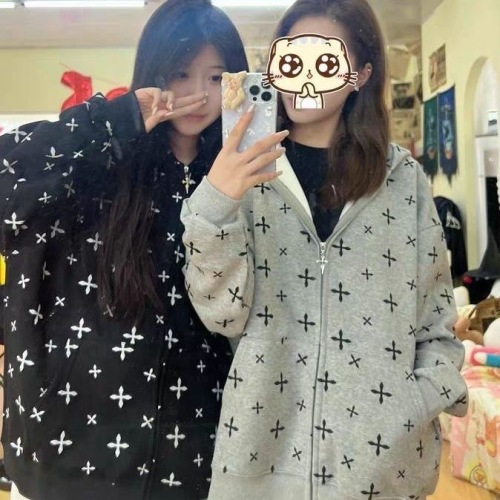 Cross-Print Hooded Sweatshirt Coat for Women - Spring and Autumn New Design Korean Style Unique Loose Slimming Friend Set