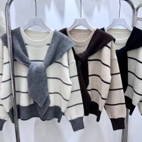 Detachable Scarf Hat Korean Style Youthful College Sweatshirt Cardigan Striped Two-Piece Set