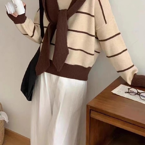 Detachable Scarf Hat Korean Style Youthful College Sweatshirt Cardigan Striped Two-Piece Set