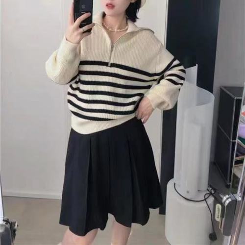 Women's Polo Collar Cardigan, Half-Zip High Collar Striped Winter Sweater, Loose and Slouchy Style Knit Top