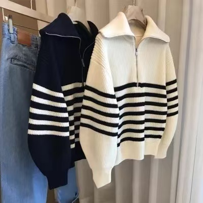 Women's Polo Collar Cardigan, Half-Zip High Collar Striped Winter Sweater, Loose and Slouchy Style Knit Top