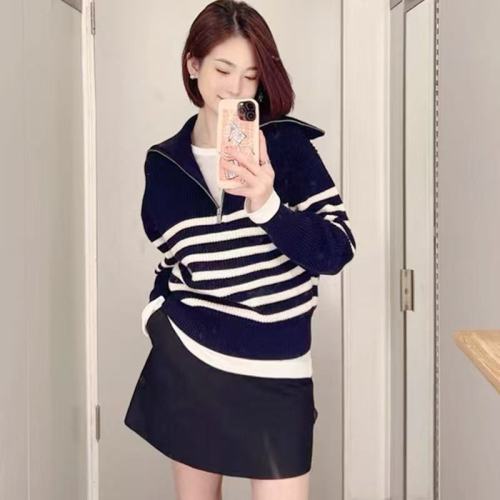 Women's Polo Collar Cardigan, Half-Zip High Collar Striped Winter Sweater, Loose and Slouchy Style Knit Top