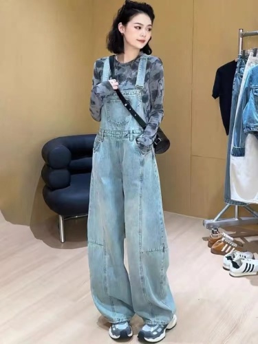Design-sensual retro denim overalls for women in summer new Korean style loose slimming and age-reducing wide-leg jumpsuit