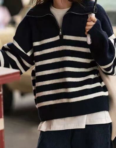 Women's Polo Collar Cardigan, Half-Zip High Collar Striped Winter Sweater, Loose and Slouchy Style Knit Top