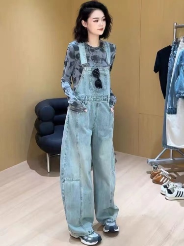 Design-sensual retro denim overalls for women in summer new Korean style loose slimming and age-reducing wide-leg jumpsuit