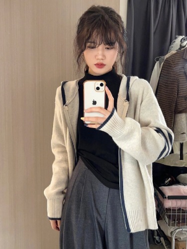 Women's Knit Hooded Cardigan Jacket, Spring 2025 New Korean Style Lazy Wind Sweatshirt Soft Velvet Zipper Top