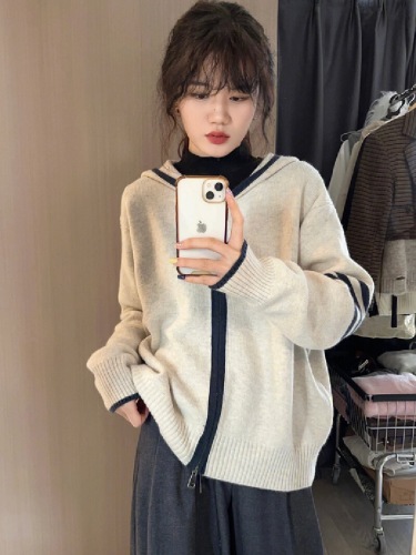 Women's Knit Hooded Cardigan Jacket, Spring 2025 New Korean Style Lazy Wind Sweatshirt Soft Velvet Zipper Top