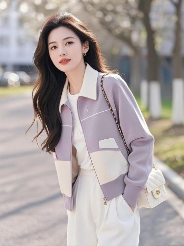 Women's Spring Outfit 2025 New Arrival Korean Style Fashionable and Versatile Zip Hoodie Short Purple Coat