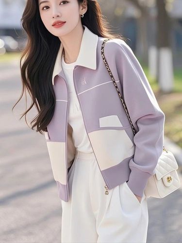 Women's Spring Outfit 2025 New Arrival Korean Style Fashionable and Versatile Zip Hoodie Short Purple Coat