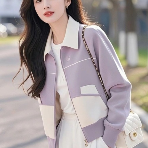 Women's Spring Outfit 2025 New Arrival Korean Style Fashionable and Versatile Zip Hoodie Short Purple Coat