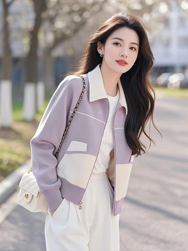 Women's Spring Outfit 2025 New Arrival Korean Style Fashionable and Versatile Zip Hoodie Short Purple Coat