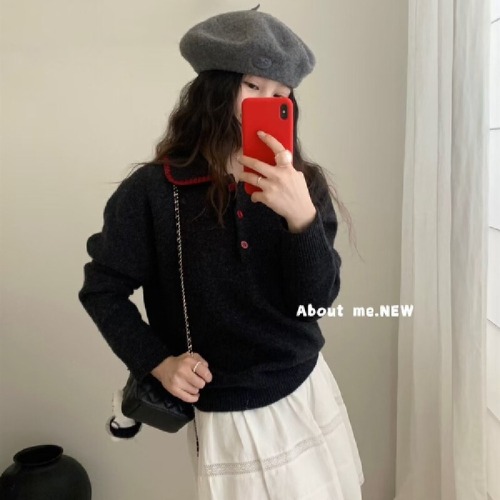 Elegant Korean Color-blocking Collar-button Knit Sweater for Women, Loose and Soft, Youthful and Versatile Wool Sweater for Autumn