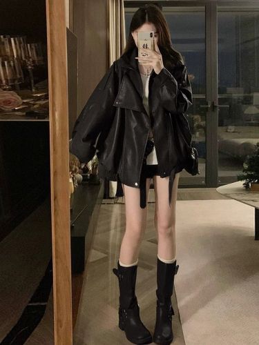 Stylish Plus Size Women's Autumn Cool Casual Fashion Leather Jacket, Slimming Oversized Top for Full figured Women