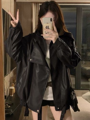 Stylish Plus Size Women's Autumn Cool Casual Fashion Leather Jacket, Slimming Oversized Top for Full figured Women