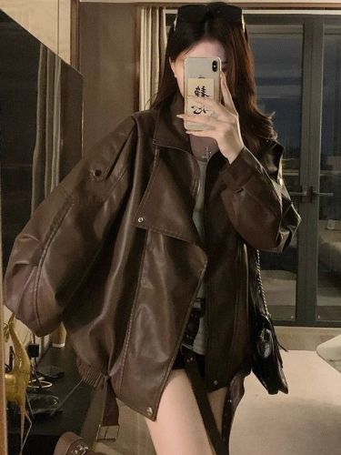 Stylish Plus Size Women's Autumn Cool Casual Fashion Leather Jacket, Slimming Oversized Top for Full figured Women