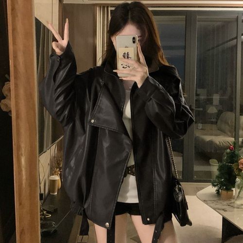 Stylish Plus Size Women's Autumn Cool Casual Fashion Leather Jacket, Slimming Oversized Top for Full figured Women