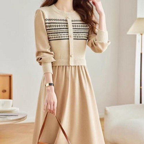 Korean Dongdaemun French-style Retro Jacquard Knitted Patchwork High-end Elegant Dress for Pregnant Women & Nursing