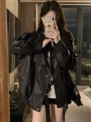 Stylish Plus Size Women's Autumn Cool Casual Fashion Leather Jacket, Slimming Oversized Top for Full figured Women