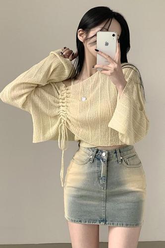 Real shot original Korean version of drawstring bow sunscreen blouse ice silk long sleeve knit sweater one-shoulder pullover sweater